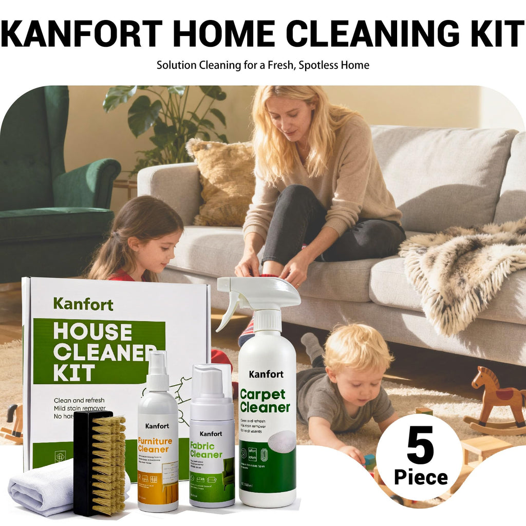 kanfort Carpet & Upholstery Cleaner 5-Piece Set, Fast Action Stain Remover for Furniture, Fabric, Sofa, Car Seats & Clothes - Includes Brush and Towel - Safe for Kids and Pets, Includes Brush & Towel