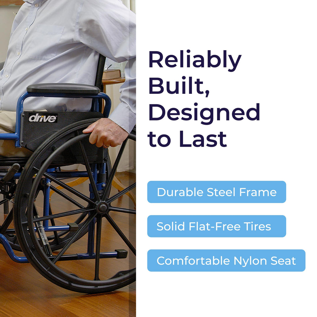 Drive Medical Blue Streak Lightweight Wheelchair - Portable Folding Mobility Aid - Swing-Away Footrests - Desk Arms - Durable Steel Frame - Easy Transport & Storage - 18-Inch Seat