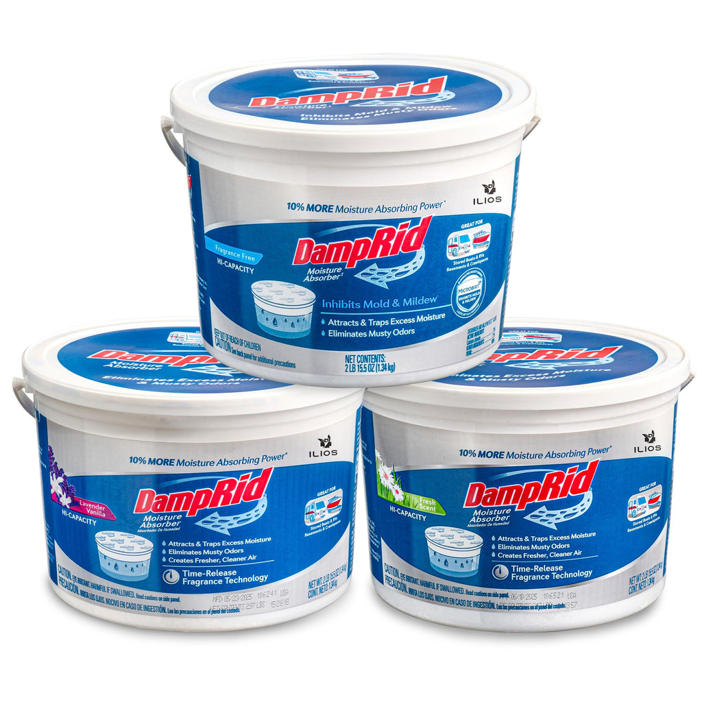 DampRid Hi-Capacity Moisture Absorber Damp Rid Bucket - 3 Pack (2 lb. each) Fragrance Free, Fresh Scent, Lavender Vanilla - Attracts & Traps Excess Moisture. Packed By ILIOS