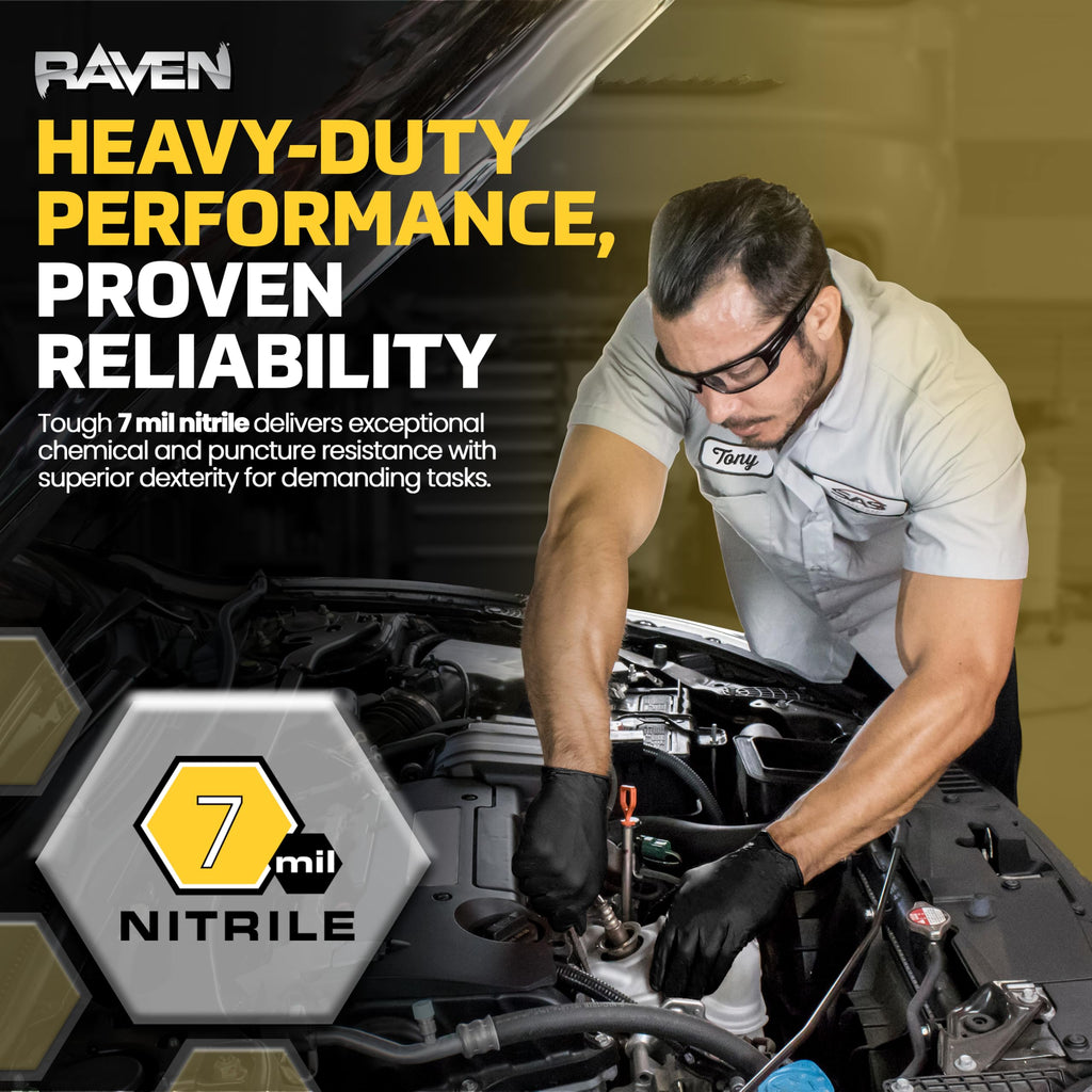 Raven Powder Free Nitrile Disposable Gloves | 7 Mil - Sm | Latex Free, Chemical + Puncture Resistant, Textured Grip, Single Use | for Automotive, Industrial, Janitorial, MRO, Food Service | 66516