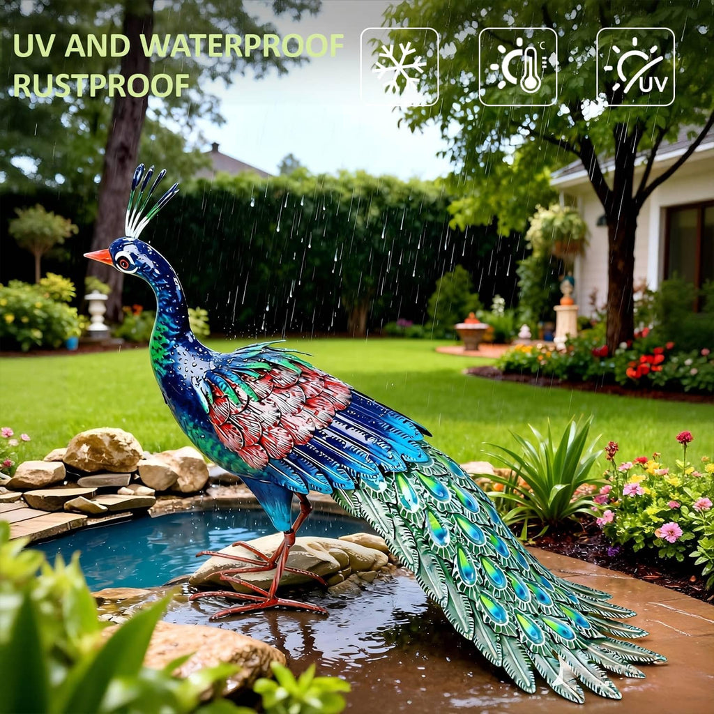 Kircust Outdoor Metal Peacock Statue, 24" L