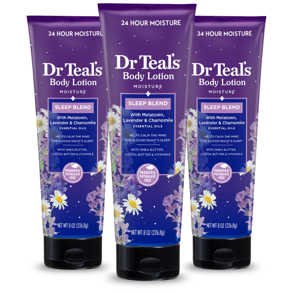 Dr Teal's Sleep Body Lotion, 24-Hour Moisture, with Melatonin, Lavender & Chamomile Essential Oils, 8 fl oz (Pack of 3)