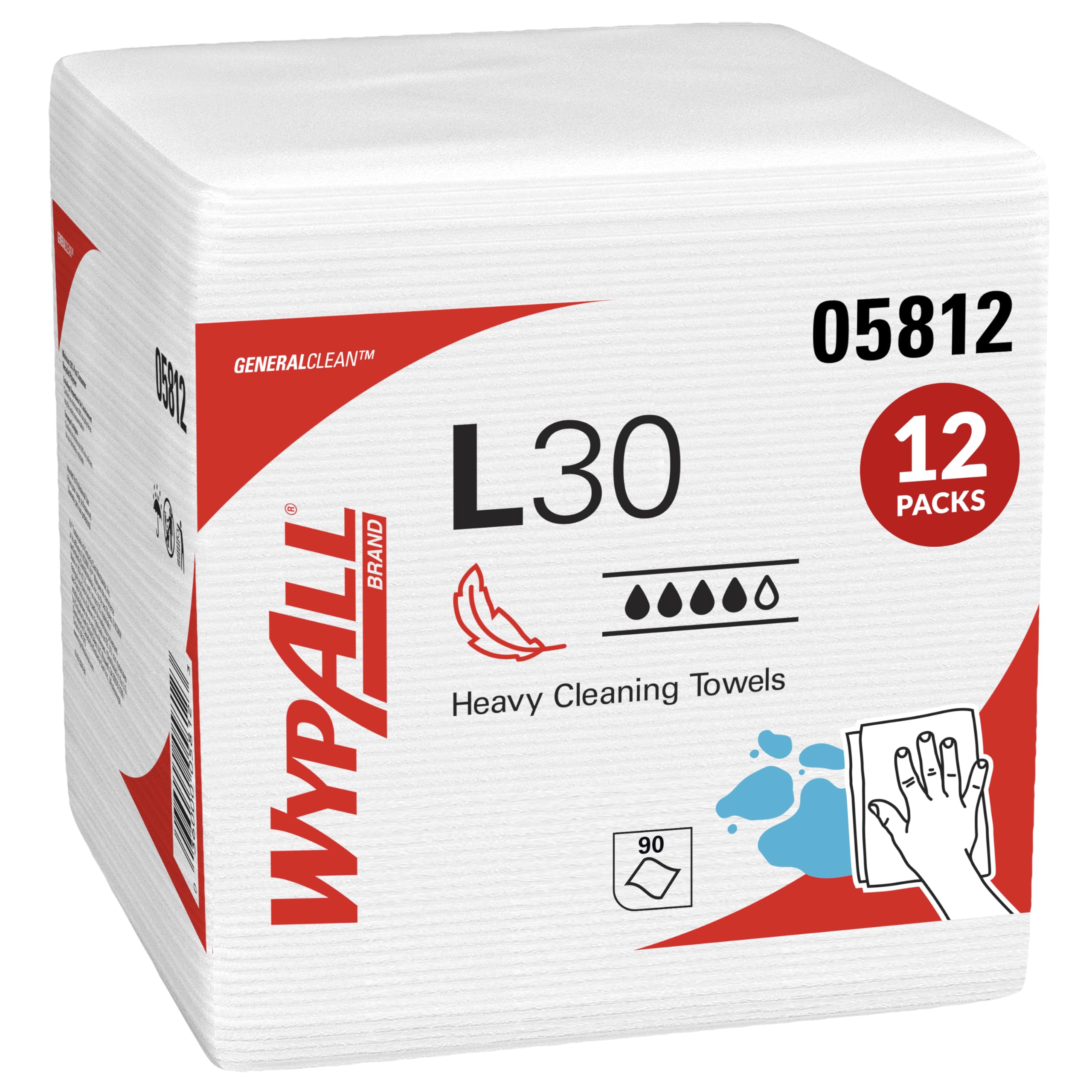 WypAll GeneralClean L30 Cloths Heavy Duty Cleaning Wipes (05812), Quarterfold, Strong and Soft Bulk Paper Wipers, White (12 Packs of 90 Sheets, 1,080 Sheet Total)