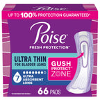 Poise Ultra Thin Incontinence & Postpartum Pads for Bladder Leaks, 7 Drop Ultra Absorbency, Long Length, 66 Count (3 Packs of 22), Packaging May Vary