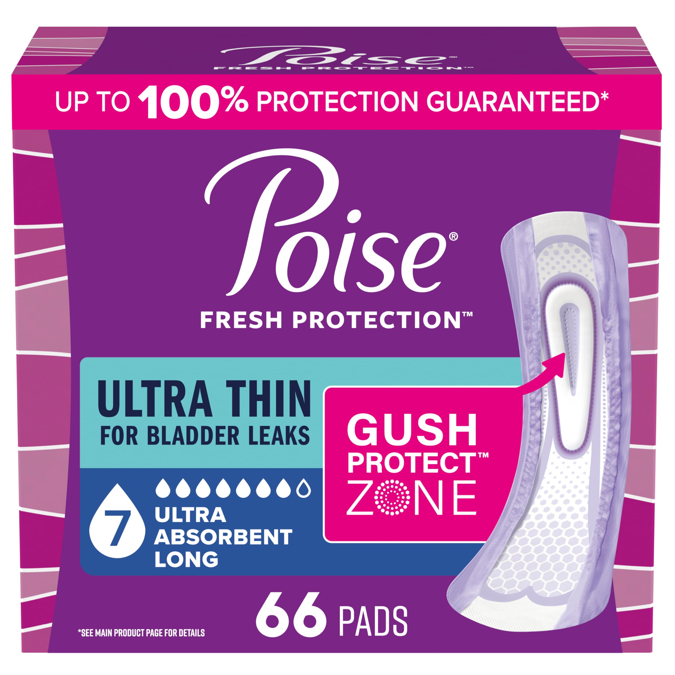 Poise Ultra Thin Incontinence & Postpartum Pads for Bladder Leaks, 7 Drop Ultra Absorbency, Long Length, 66 Count (3 Packs of 22), Packaging May Vary