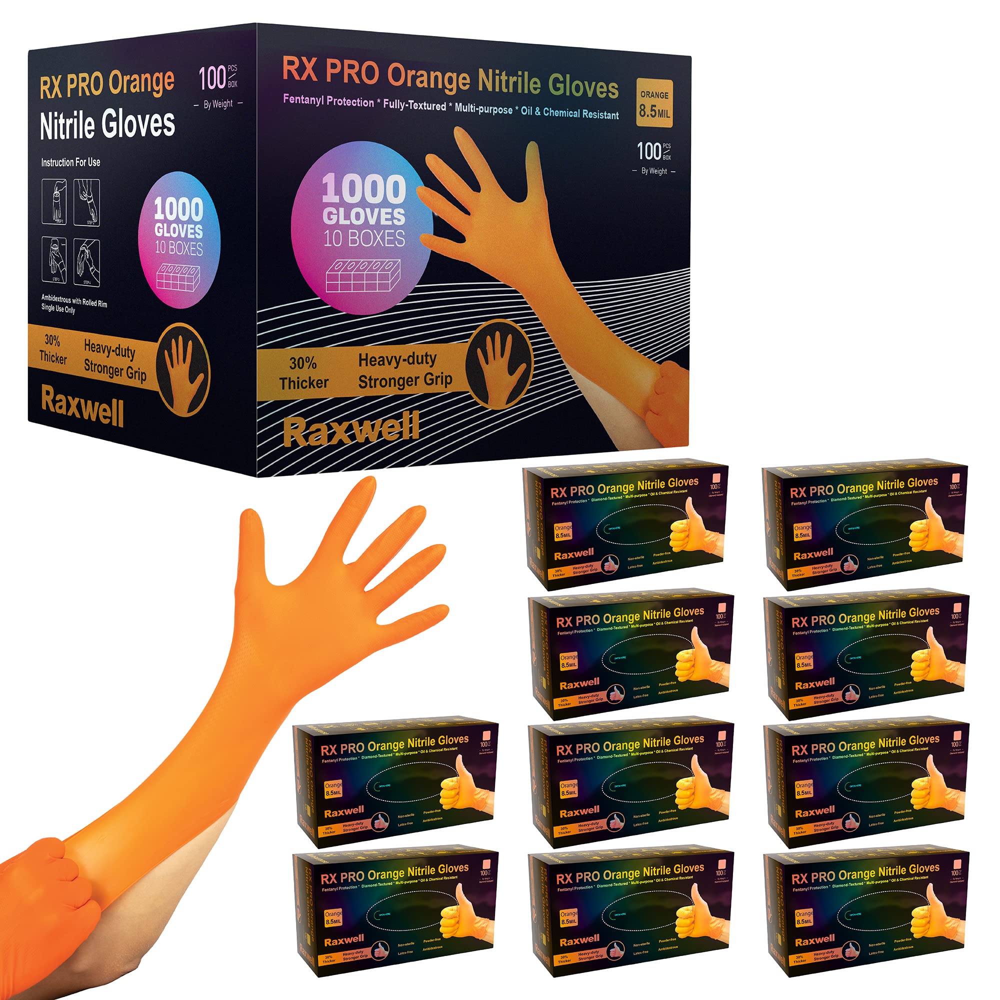 Raxwell Powder-Free Nitrile Gloves - Diamond-Textured Work Gloves - Touchscreen-Compatible Disposable Glove - Small, Orange, Pack of 1000