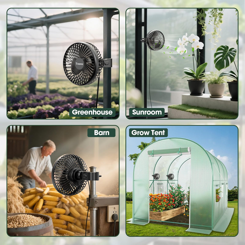 Tonree Grow Tent Fan, 5.5" Greenhouse Clip Fan with Brushless Motor and Non-Slip Clamp, Strong Airflow and Low Noise, 360° Tilt, Easy Mount for Plant Hydroponics Circulation Cooling Ventilation Shed