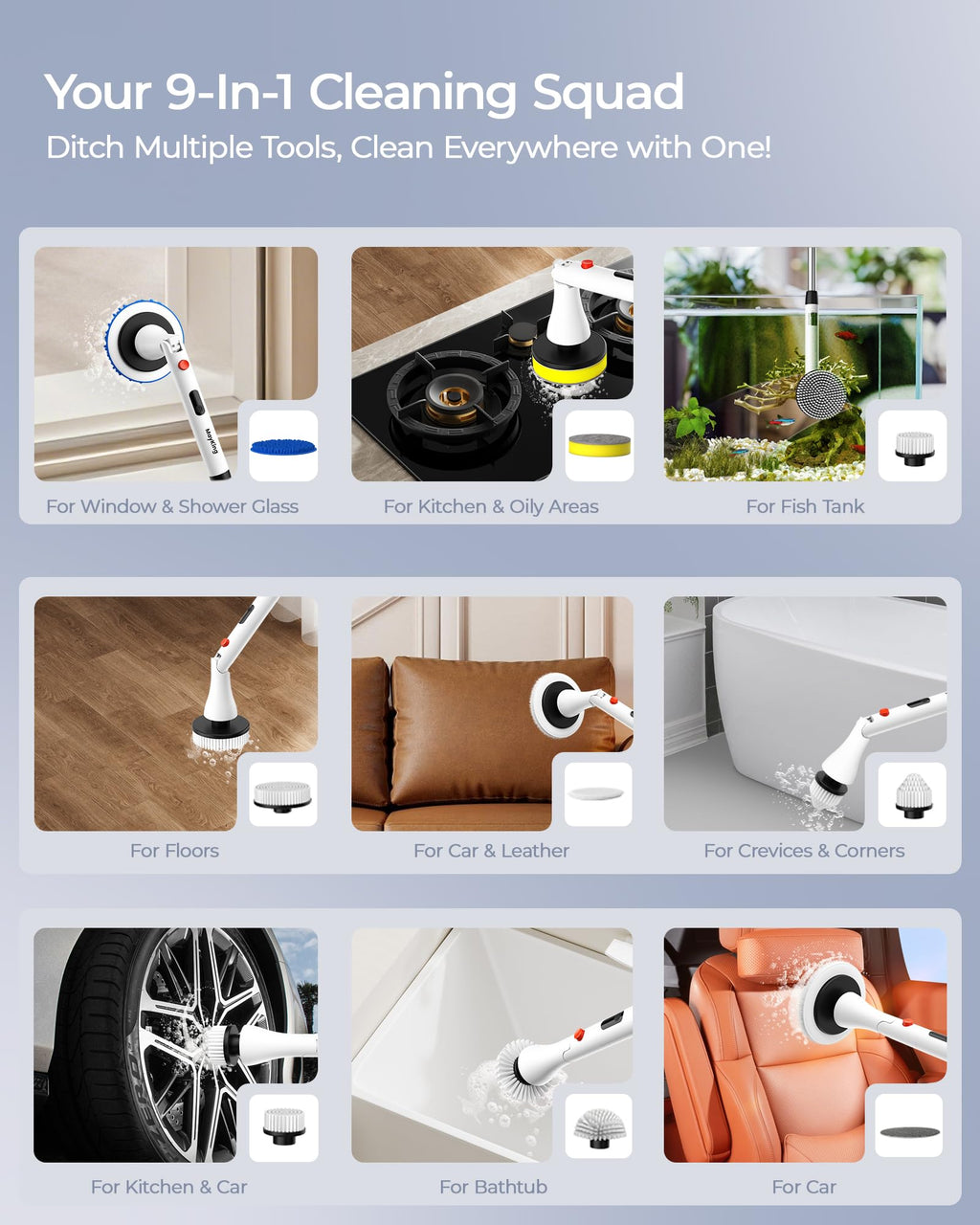 MayKing Electric Spin Scrubber with 9 Brush Heads, 3-Angle & 4-Length Adjustable Cordless Power Scrubber, 3-Speed & Battery LED Display, Electric Scrubber for Cleaning Bathroom Bathtub Floor Tiles