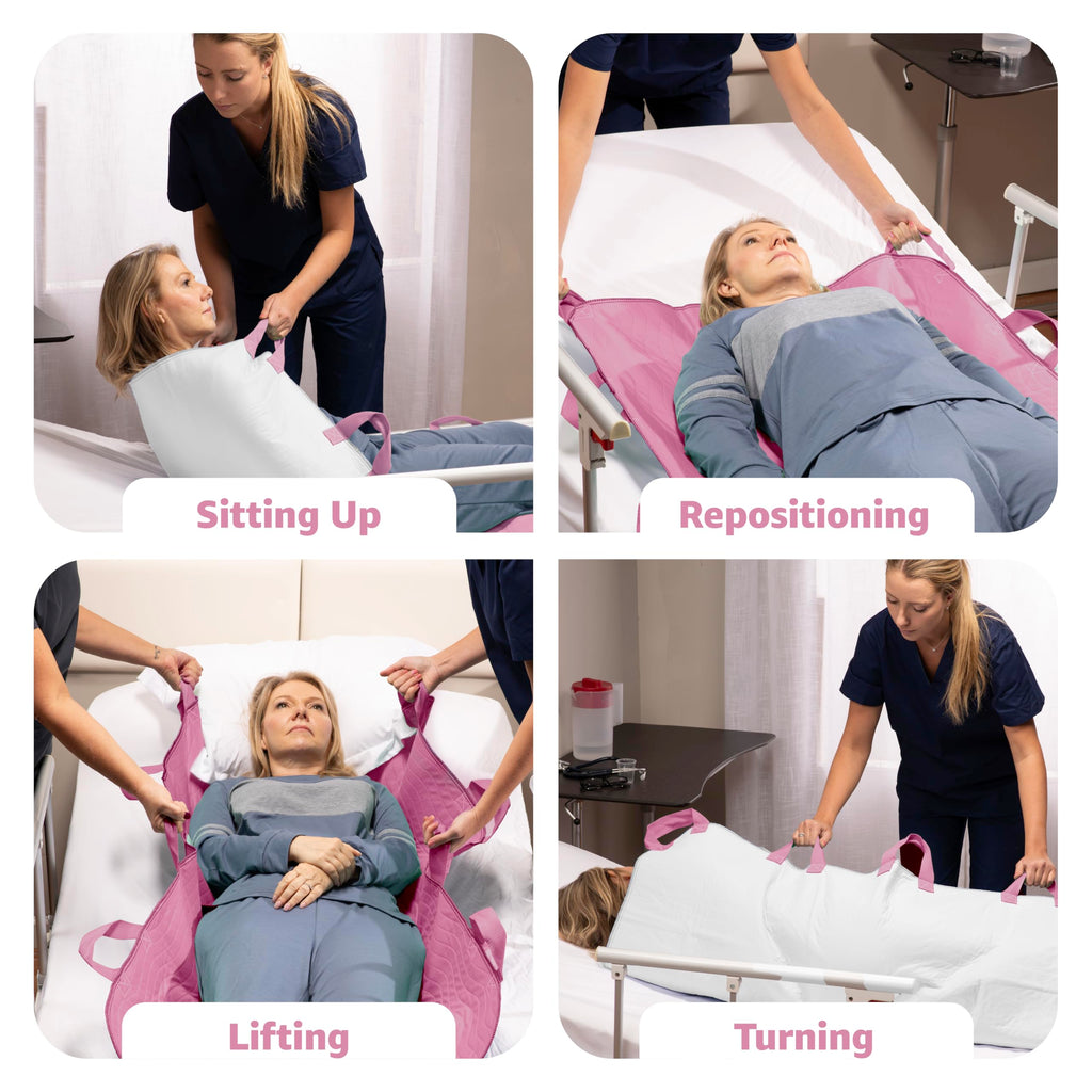Improvia Positioning Bed Pad, with 8 Reinforced Handles, Quick-Drying, Washable, Waterproof, for Lifting, Turning, Transfering, Elderly and Incontinence Patients (Pink, 34" x 52" - Pack of 1)