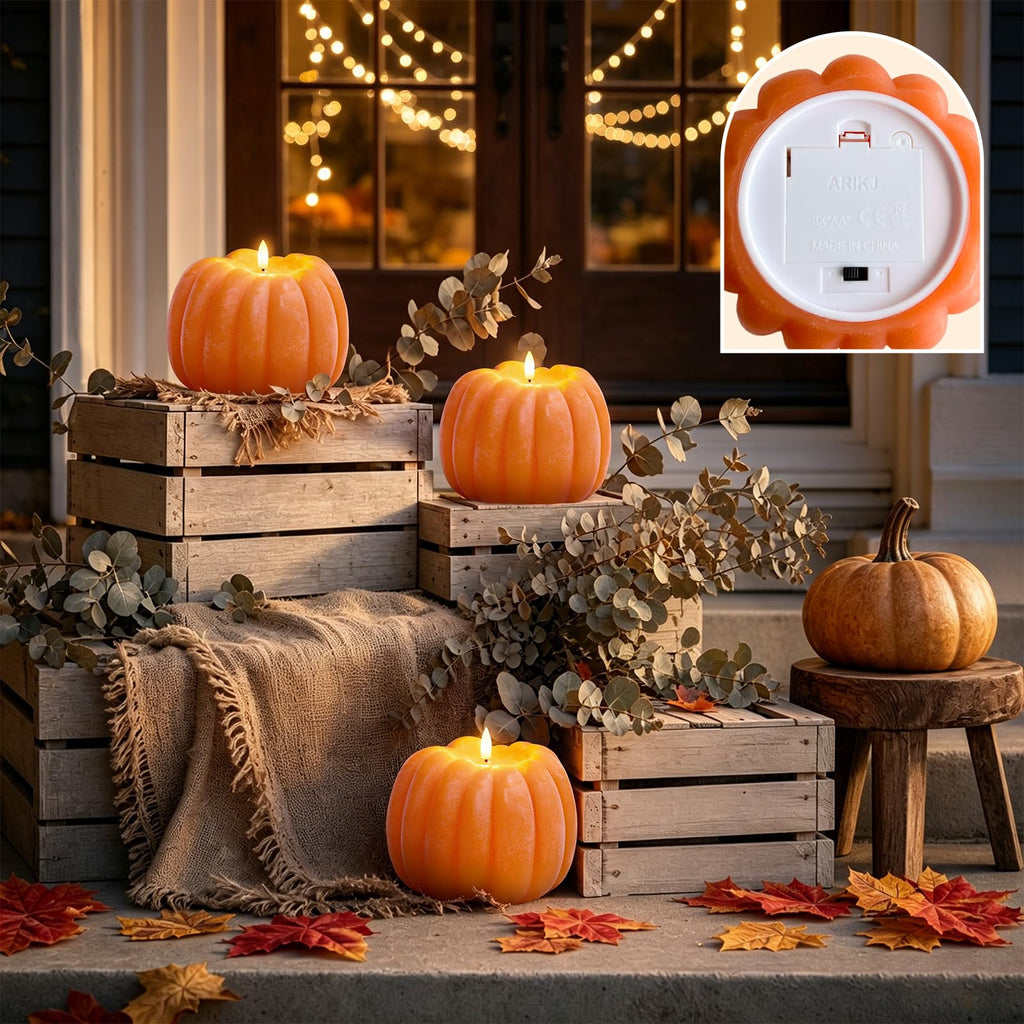 ARIKJ Fall Decorations for Home, Large Flameless Pumpkin Candle, Orange