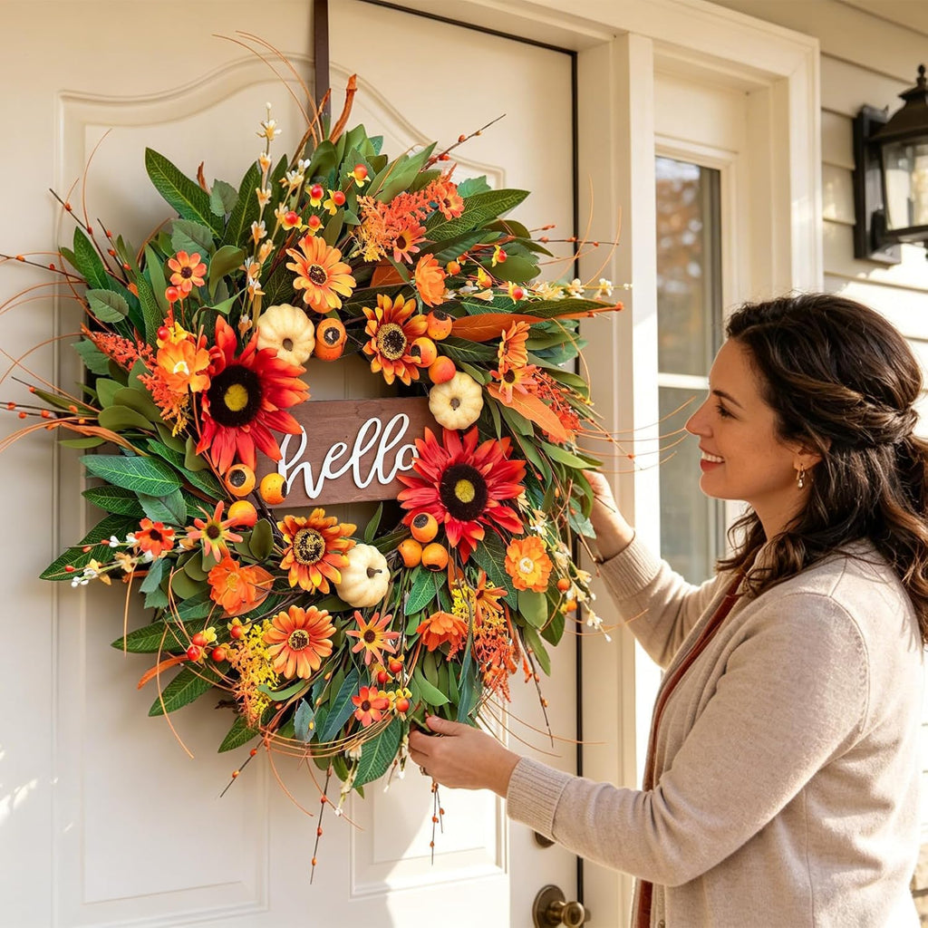 24 Inch Artificial Fall Wreaths for Front Door Outside with Hello Sign''