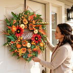 24 Inch Artificial Fall Wreaths for Front Door Outside with Hello Sign''