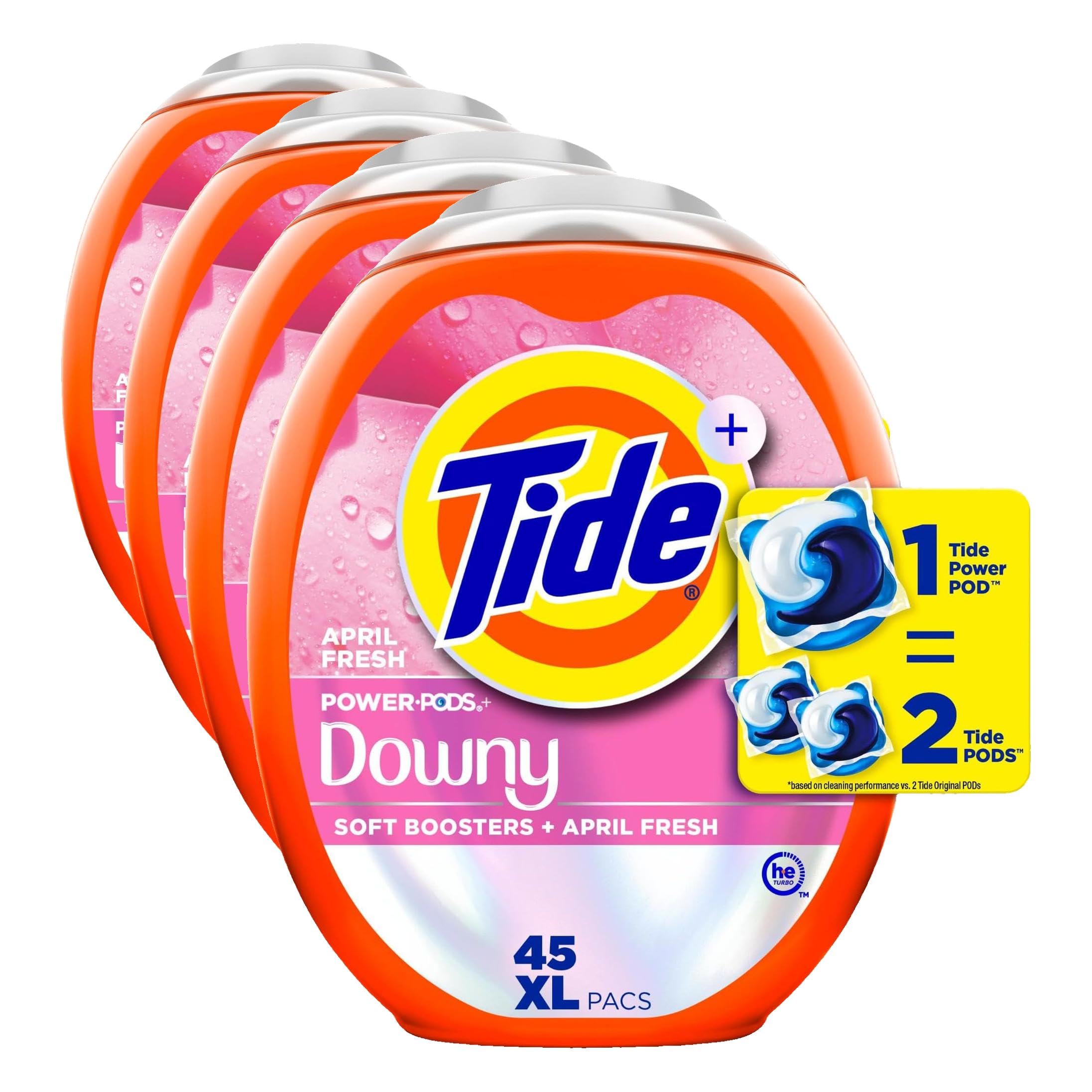 Tide Power PODs + Downy Laundry Detergent Pods, 45 Count, Soft Boosters + April Fresh (Pack of 4)