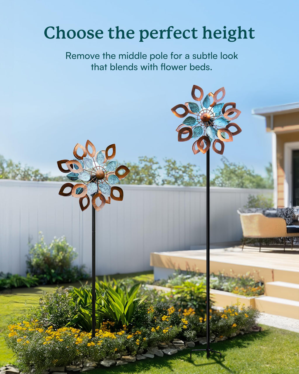 Cyan Oasis Copper Wind Spinners Outdoor 74 Inches with Solar LED Light, Kinetic Dual Wind Sculptures & Spinners for Yard Lawn Garden Decor, Large Metal Clearance Windmill with Bronze Leaf