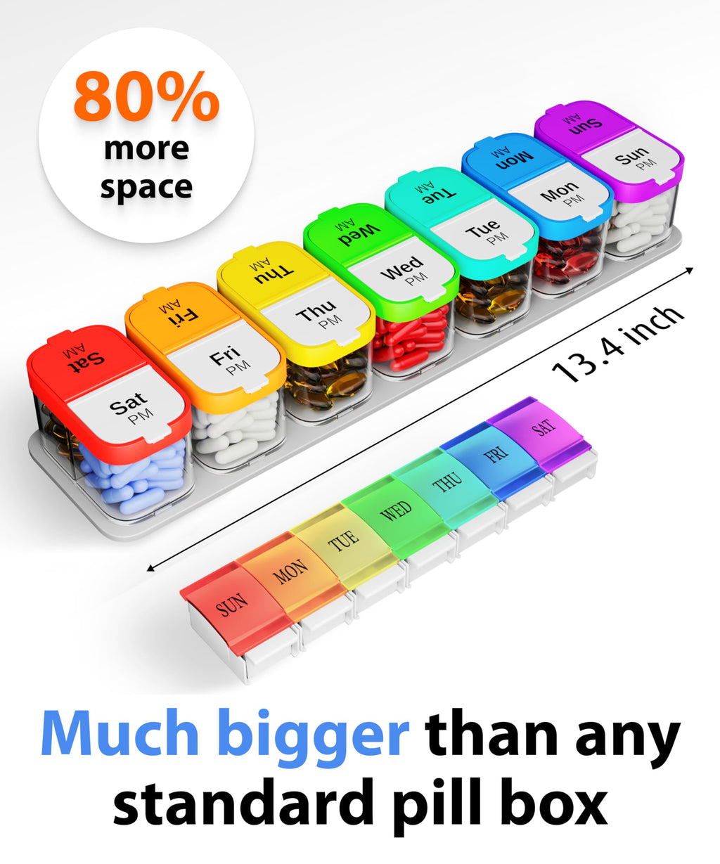 Extra Large Weekly Pill Organizer - XL Vitamin Holder with 7 Detachable AM PM Compartments - Portable Medicine Dispenser for Home and Travel, Big Supplement Container for Weekly or Daily Use, Rainbow