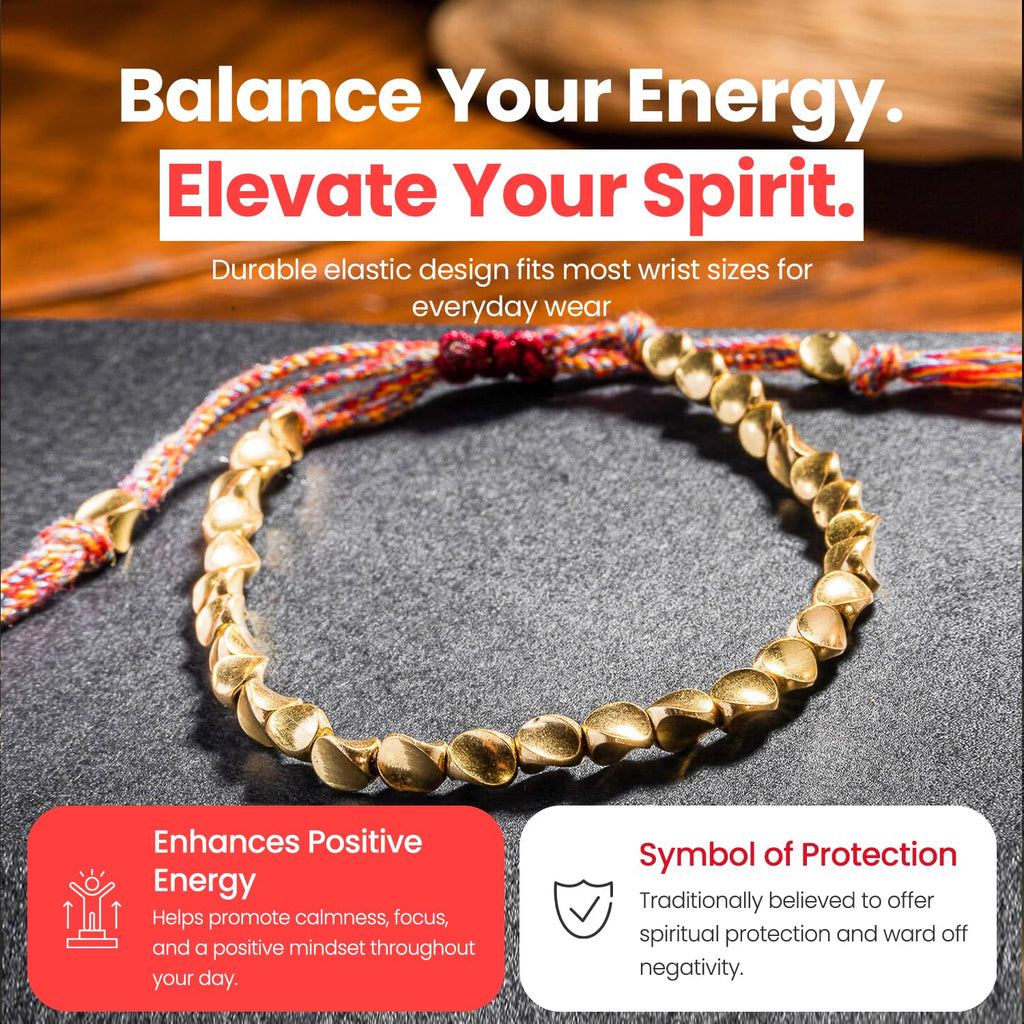 Buddha & Karma Tibetan Copper Beads Bracelet – Handmade Energy Healing for Strength, Balance & Protection – Adjustable Spiritual for Men & Women (GOLD)