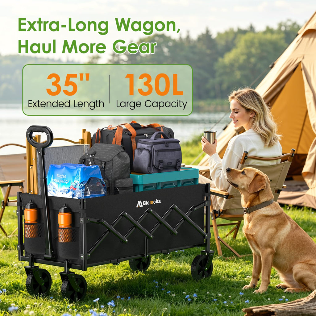 Blomoba 35" Extra Long Folding Wagon with Adjustable Handle & Wheels, Black