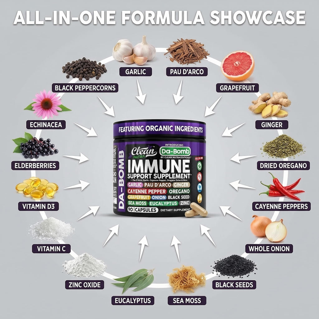 Organic Immune Support with PAU D'Arco Garlic Cayenne Pepper Oregano Ginger Grapefruit Onion Black Seed Sea Moss Black Pepper Zinc Eucalyptus Vitamin C Vitamin D Organic Soursop By Clean Nutra
