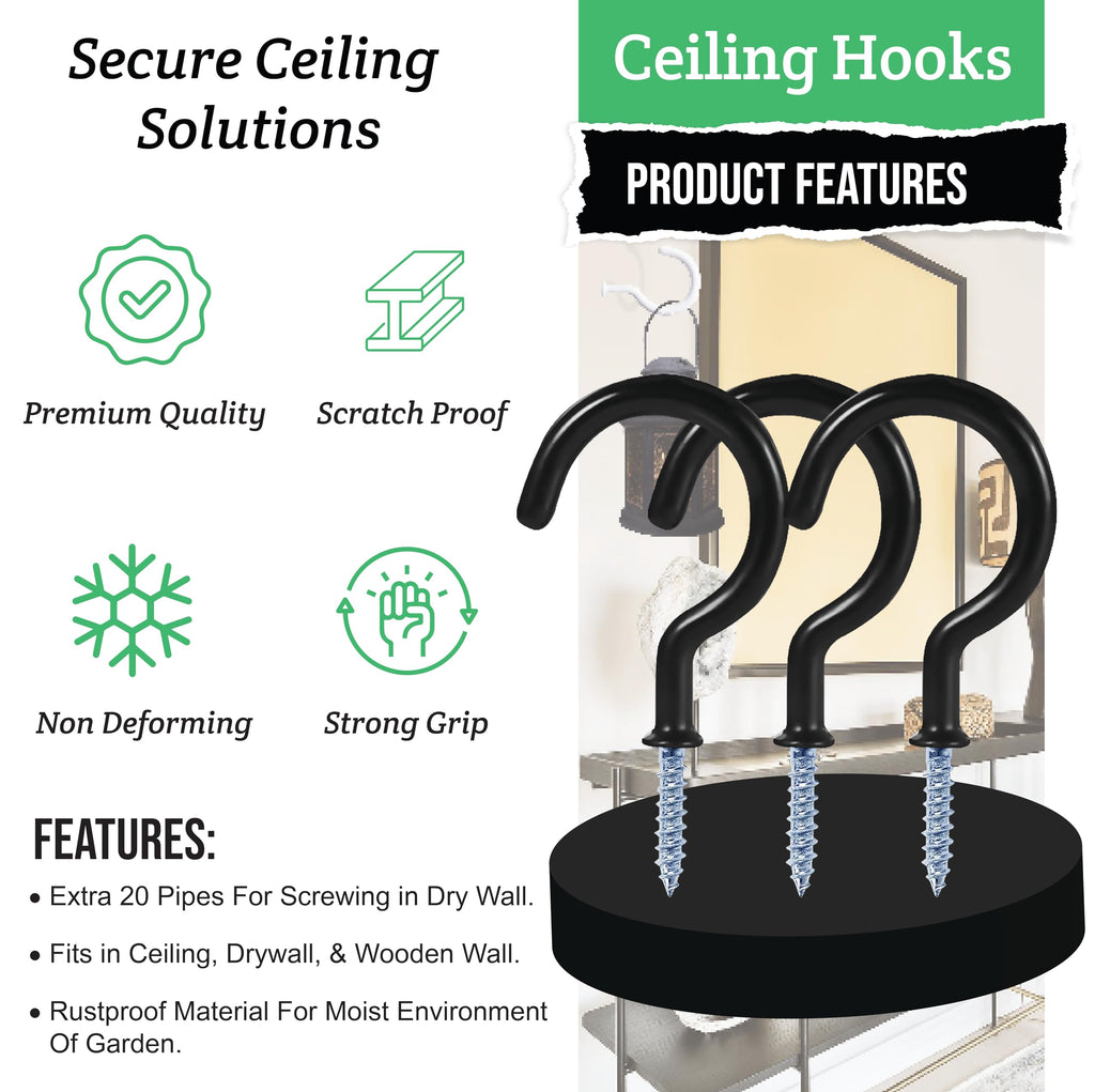 Etoolia 24 Pcs Q Hanger Hooks with Safety Buckle,Ceiling Hooks for Hanging Plants,Hanging Outdoor String Lights, Wind Chimes,Lights & Party Decors, 2.2 Inches,Black & White