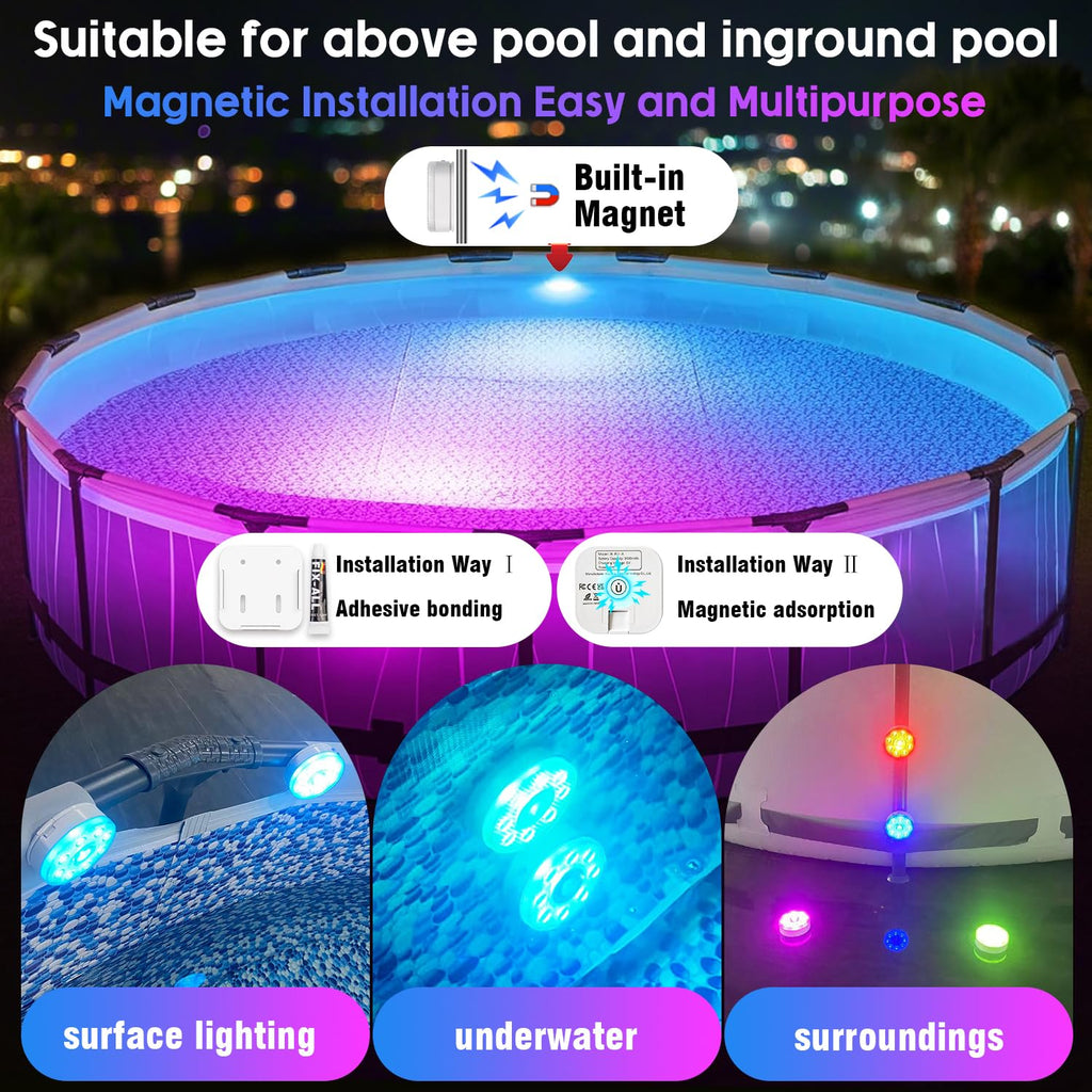 Underwater Pool Lights for Above Ground Pools and Inground Swimming Pools with Remote Timer Off, Magnet RGB Submersible LED Lights Rechargeable Spotlight 16 Colors 9-Mode, Hot Tubs, Fountain -4Pack