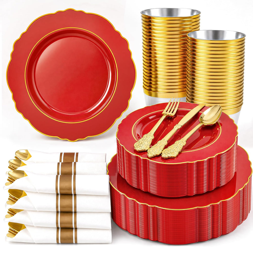 Liacere 350PCS Red Plastic Plates - Red Disposable Plates With Gold Rim - 50Guest Baroque Plastic Dinnerware include 100Plates-50Pack Pre Rolled Napkins with Silverware 50Cups for Independence Day