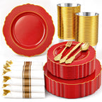 Liacere 350PCS Red Plastic Plates - Red Disposable Plates With Gold Rim - 50Guest Baroque Plastic Dinnerware include 100Plates-50Pack Pre Rolled Napkins with Silverware 50Cups for Independence Day