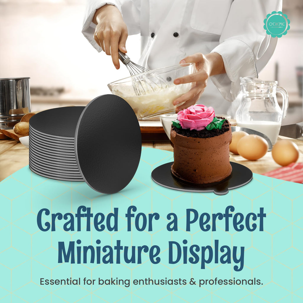 O'CREME Black Round Mini Cake Boards with Tab – 4 Inch Grease-Proof, Foil-Covered, Food Grade Cardboard for Cupcakes, Pastries, Desserts - Ideal for Wedding, Anniversary, Birthday Parties, 100 Count