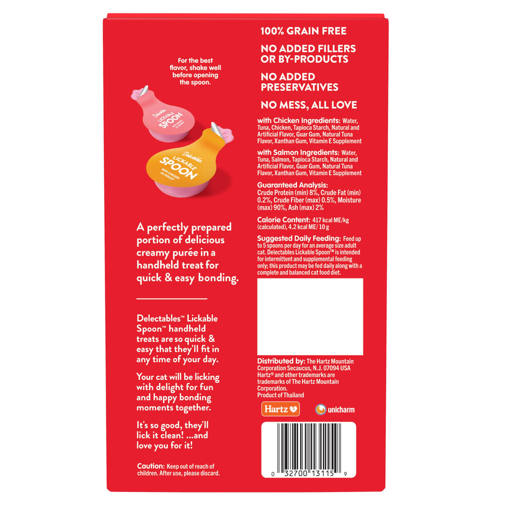 Delectables Lickable Spoon Handheld Wet Cat Treats Made with Real Chicken & Salmon, Quick & Easy Creamy Puree, Mess Free, Grain-Free, No Added Fillers, No by-Products, Variety Pack, 32ct