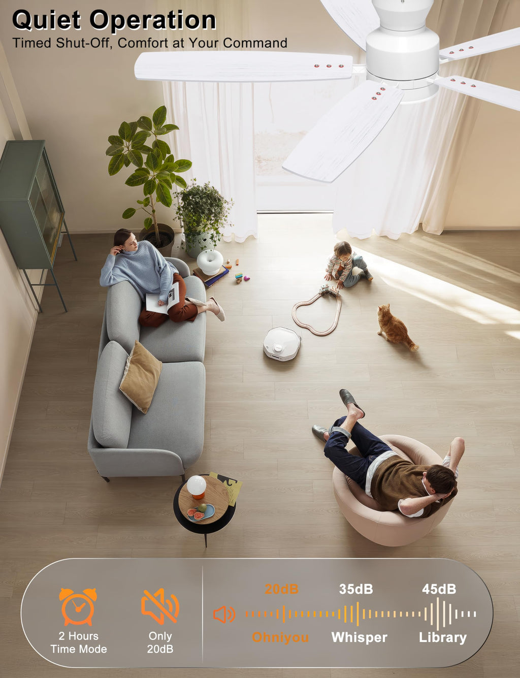 Ohniyou Ceiling Fans with Lights, 52'' Low Profile Ceiling Fan with Light and Remote/APP Control, Modern Flush Mount Ceiling Fan for Indoor Bedroom Living Room, Dimmable, Qiuet DC Motor, White