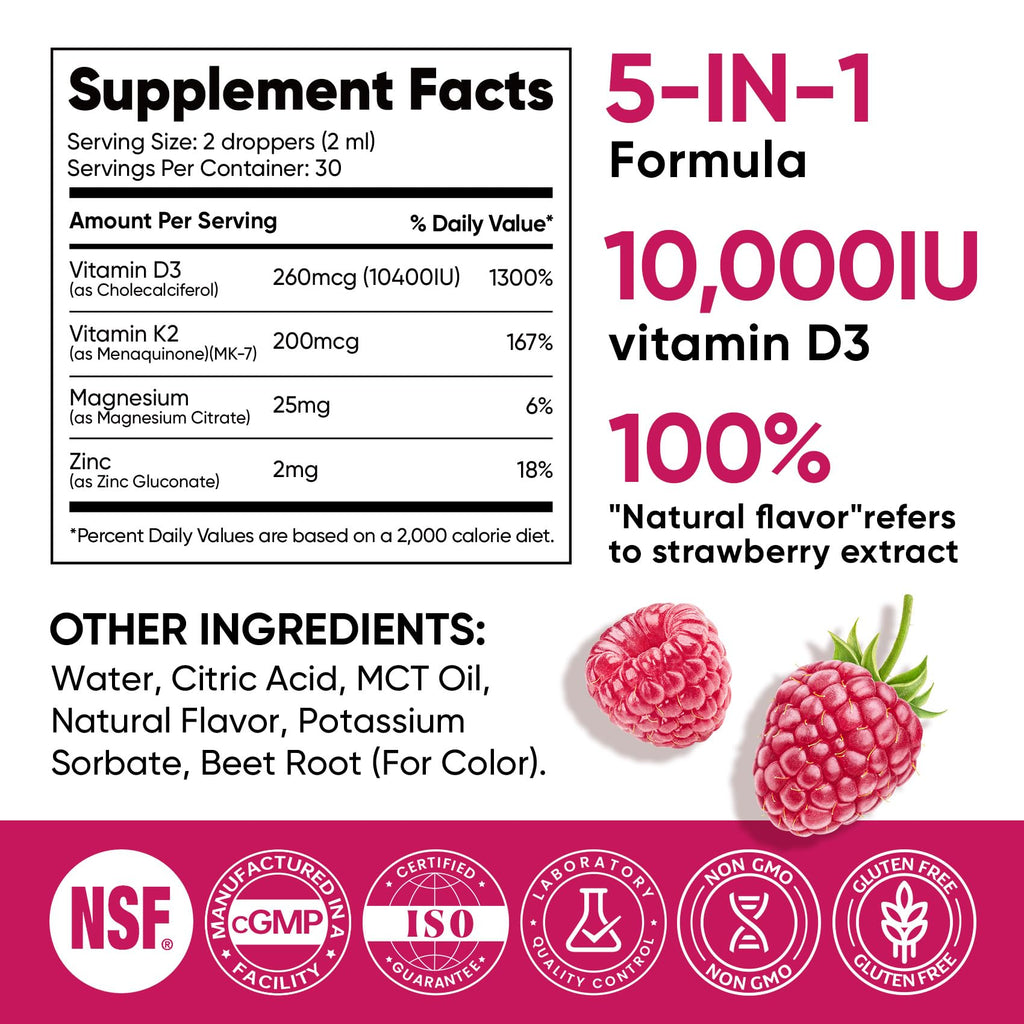 Venture Pal 5-in-1 Vitamin D3 10000 IU & K2 as MK-7 200mcg with Magnesium, MCT Oil, Zinc, Sugar-Free Vitamin D Liquid |Maximum Absorption for Bone, Mood & Immune Health - 2 FL OZ, 69 Days