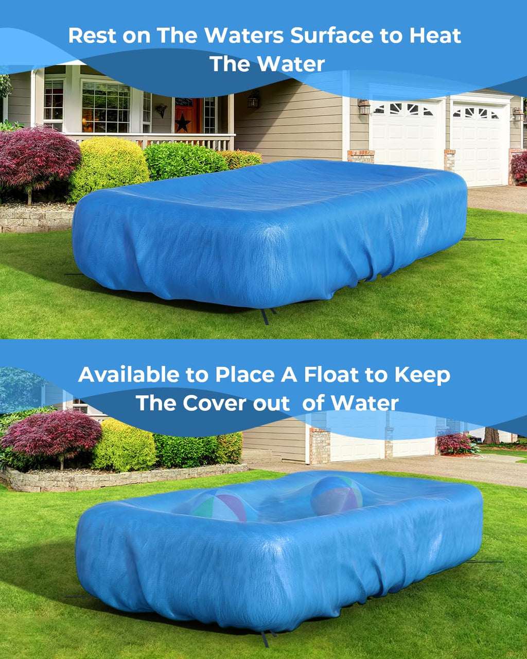 Reinmoson Inflatable Pool Cover Rectangular Fits Pool Under 145" L x 84" W, 20s Easy Set by 1 Person Built-in Elastic Edges & Integrated Drawstrings 10' x 7' Rectangle Pool Cover Above Ground