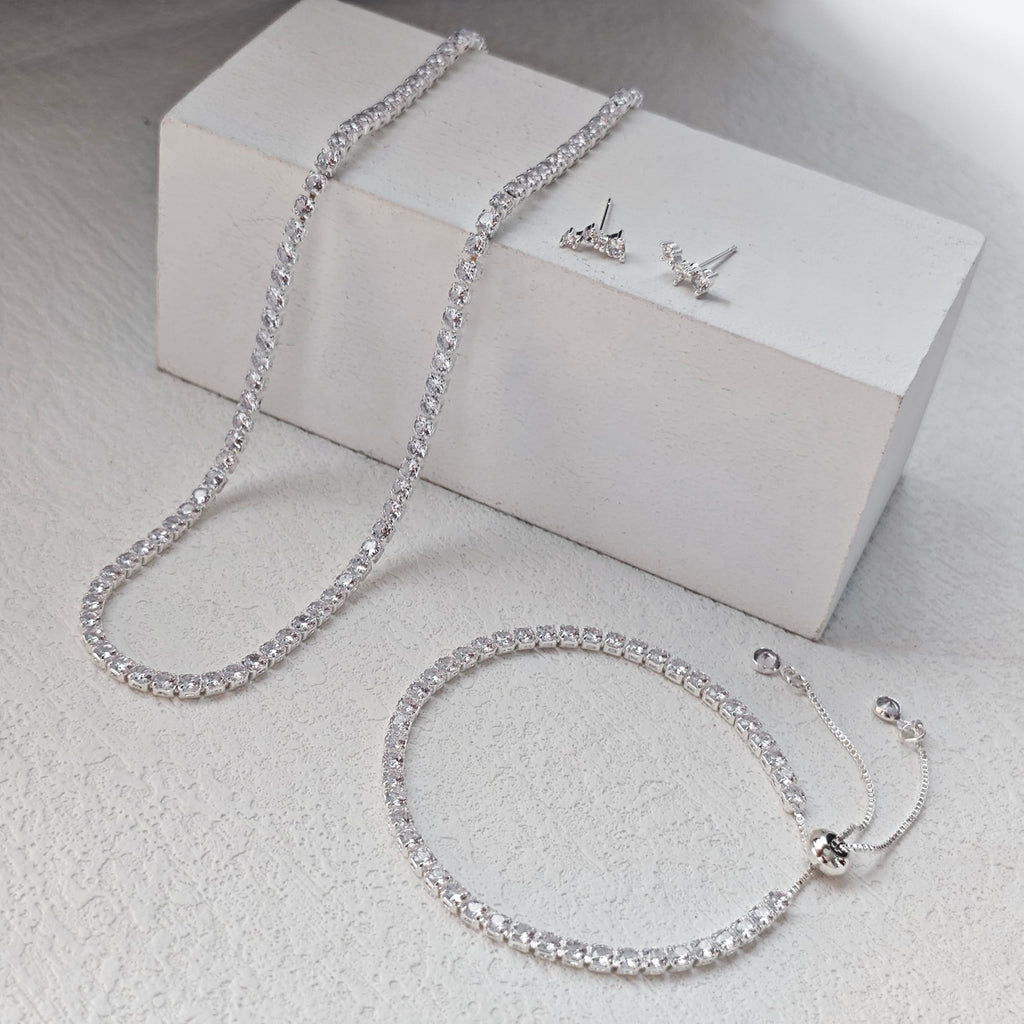 LULII Tennis Necklace Set for Women Dainty Sterling Silver Necklace and Earring Sets Diamond Stud Earrings Tennis Bracelets Wedding Jewelry for Bride Silver Jewelry Sets for Women Gift