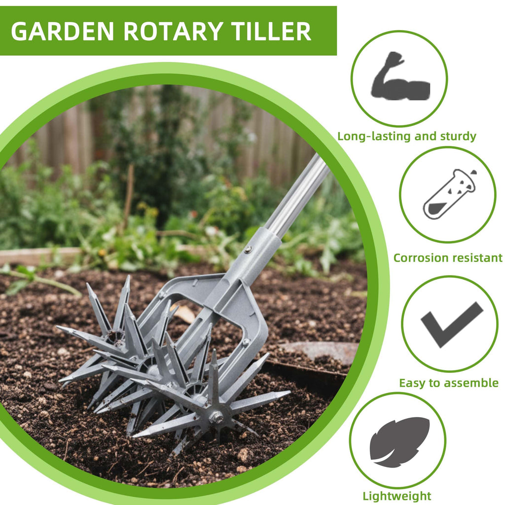 KLDOLLAR Rotary Cultivator, Hand Tiller Garden Tool with Sturdy Metal Tines