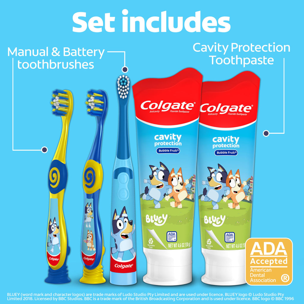 Colgate Kids Bluey Toothbrush and Kids Toothpaste Gift Set, Includes Bluey-Themed Battery Toothbrush, 2 Bubblegum Flavored Fluoride Toothpastes, and 2 Manual Toothbrushes