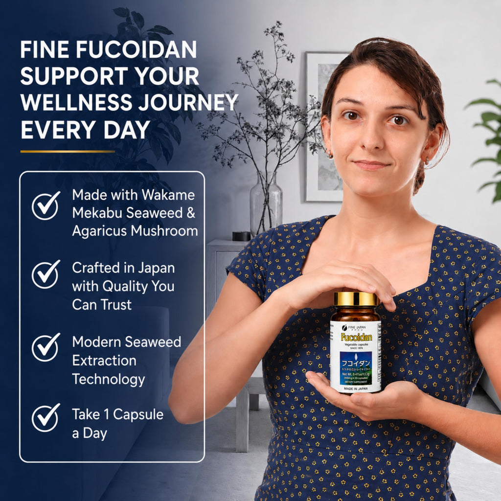 FINE JAPAN Fucoidan Capsules with Mekabu Seaweed & Agaricus Mushroom - 30 Capsules - Immune Support Supplement - Made in Japan - GMP, ISO9001 Certified