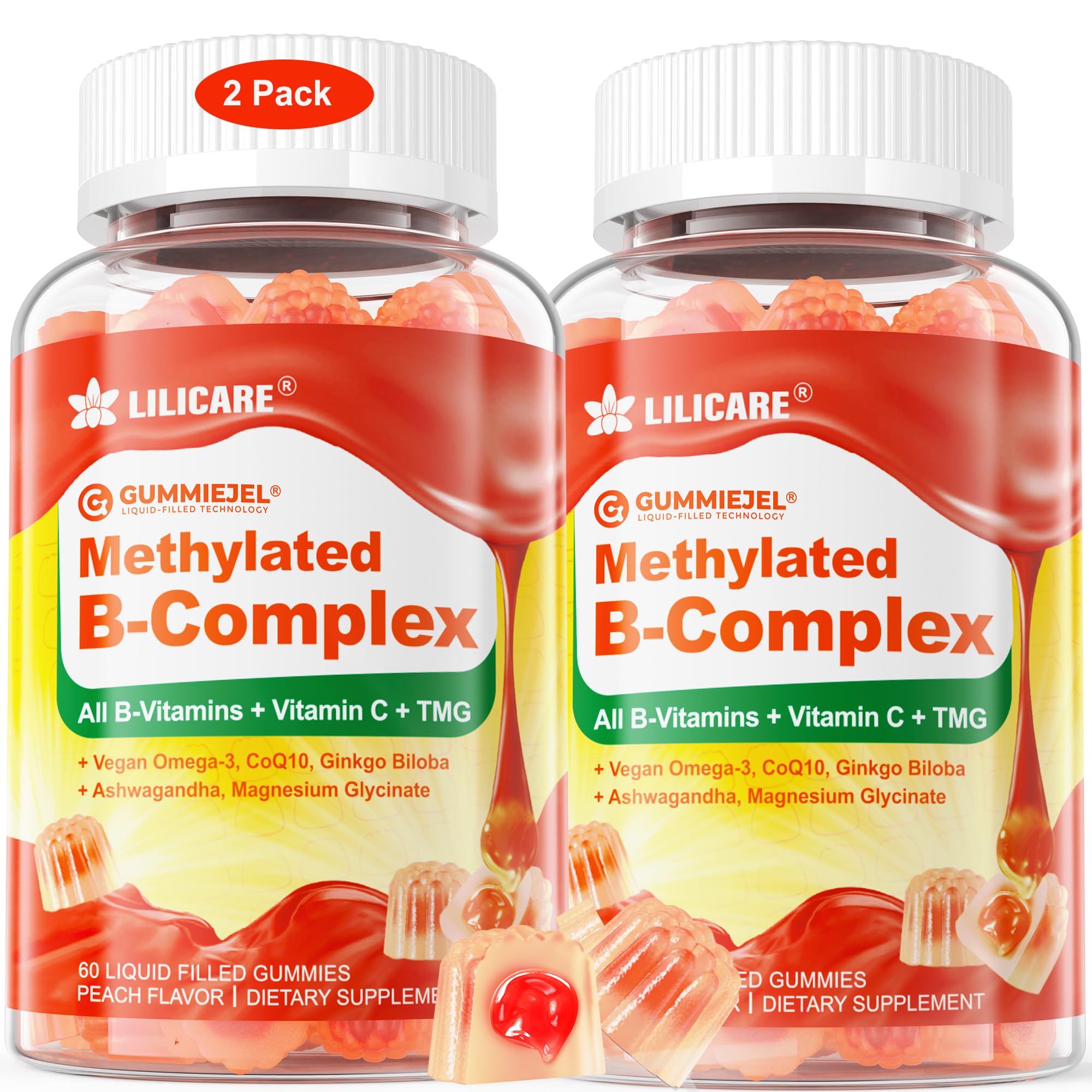 LILICARE Women's & Men's Super Vitamin B Complex Filled Gummies, Methylated w/Omega 3, Magnesium,CoQ10, Ashwagandha,Vitamin C, TMG, Sugar Free - 60 Count (Pack of 2)