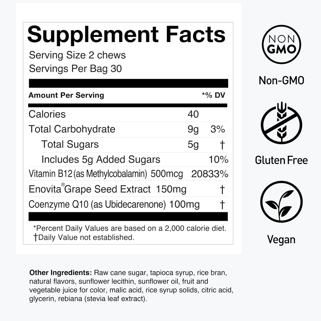 HumanN SuperGrapes Chews Supplement – 100mg CoQ10 and Grape Seed Extract – from The Makers of SuperBeets - Grape Flavor, 60 Count