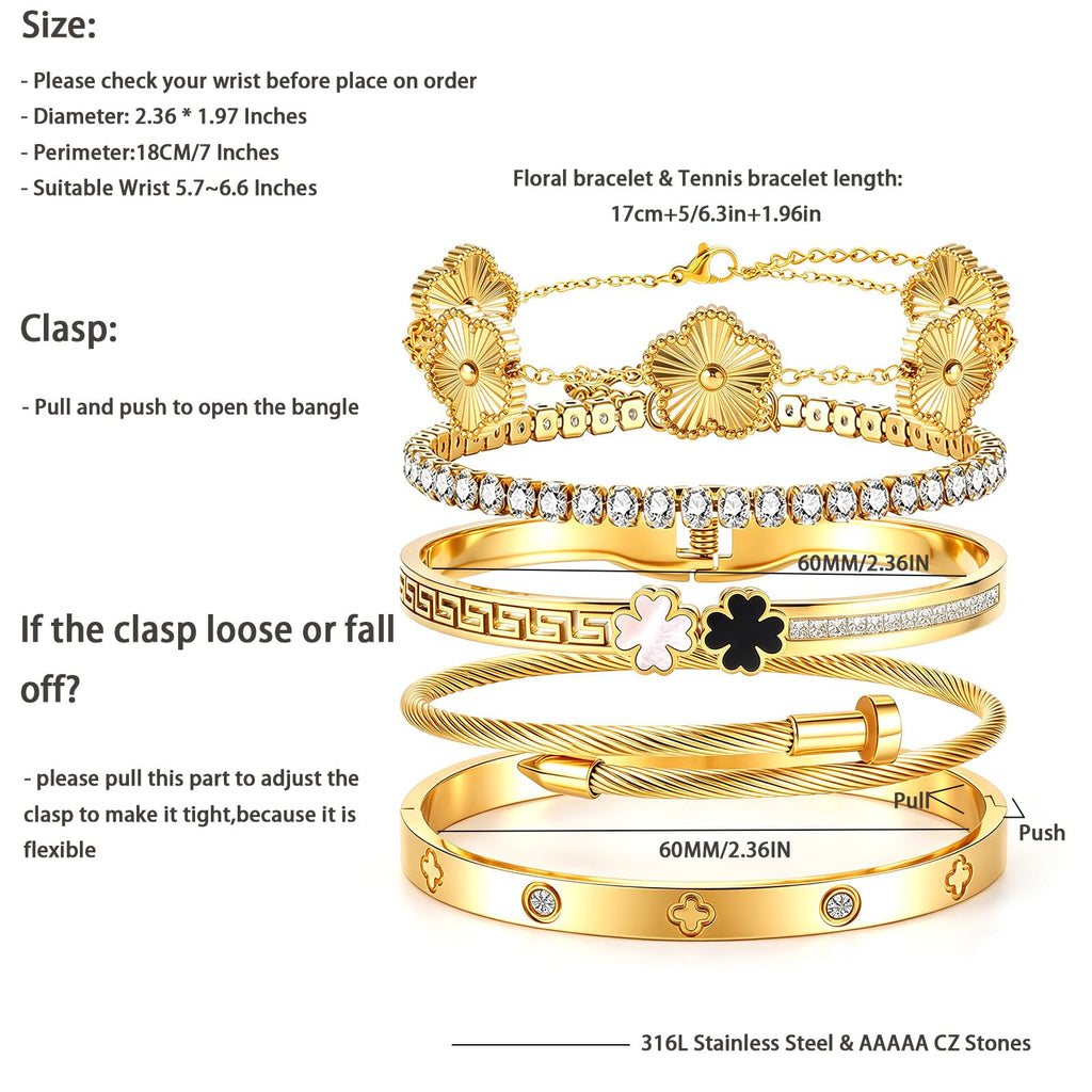 Camhanno Gold Bangle Bracelets for Women - Stainless Steel Stackable Bangles Non-Tarnish Clover Lucky Charm Bracelets, Trendy Gift for Girlfriend/Wife on Christmas Valentine’s Birthday