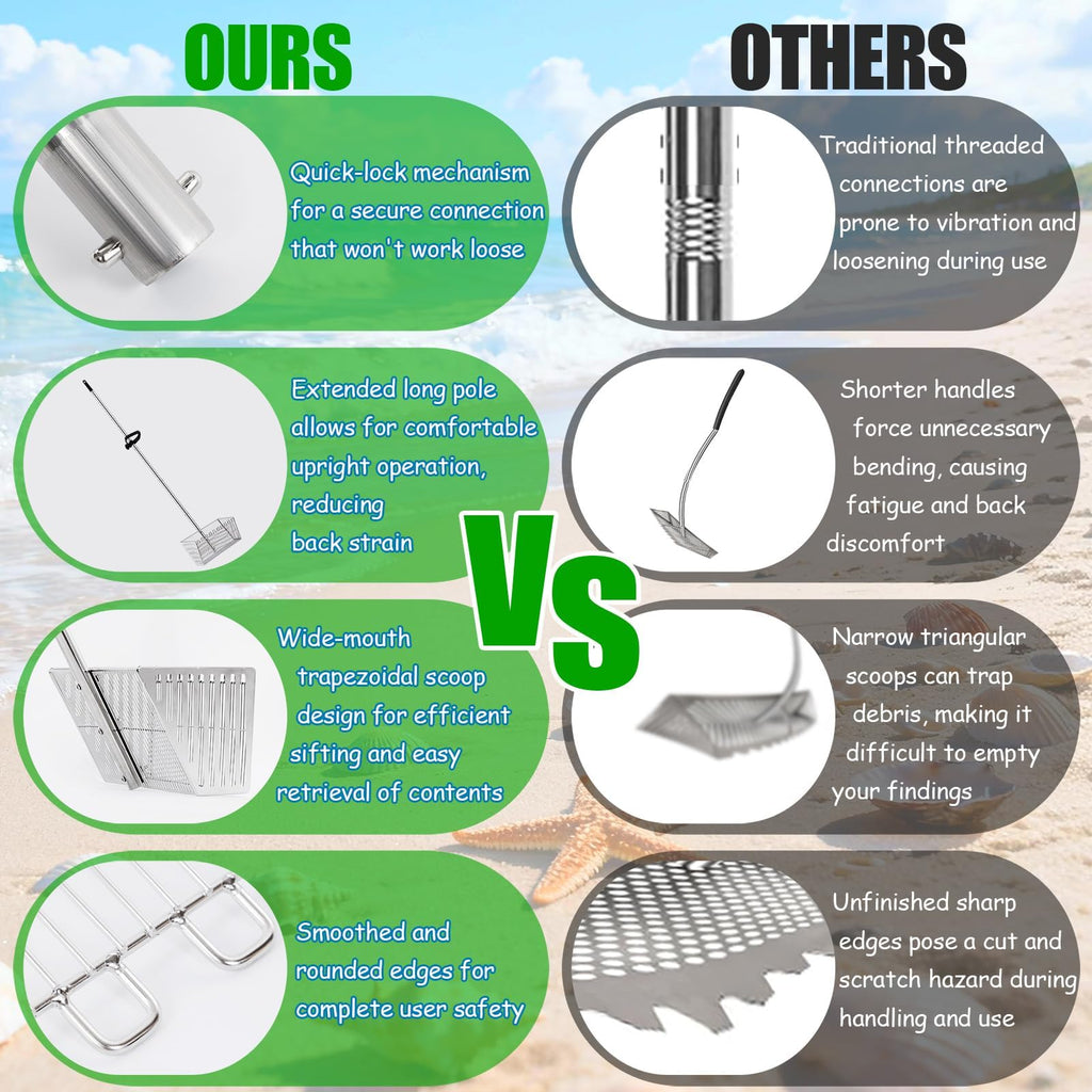 MarchingGreen Sand Flea Rake for Beach: 70in Handle Stainless Steel Rake