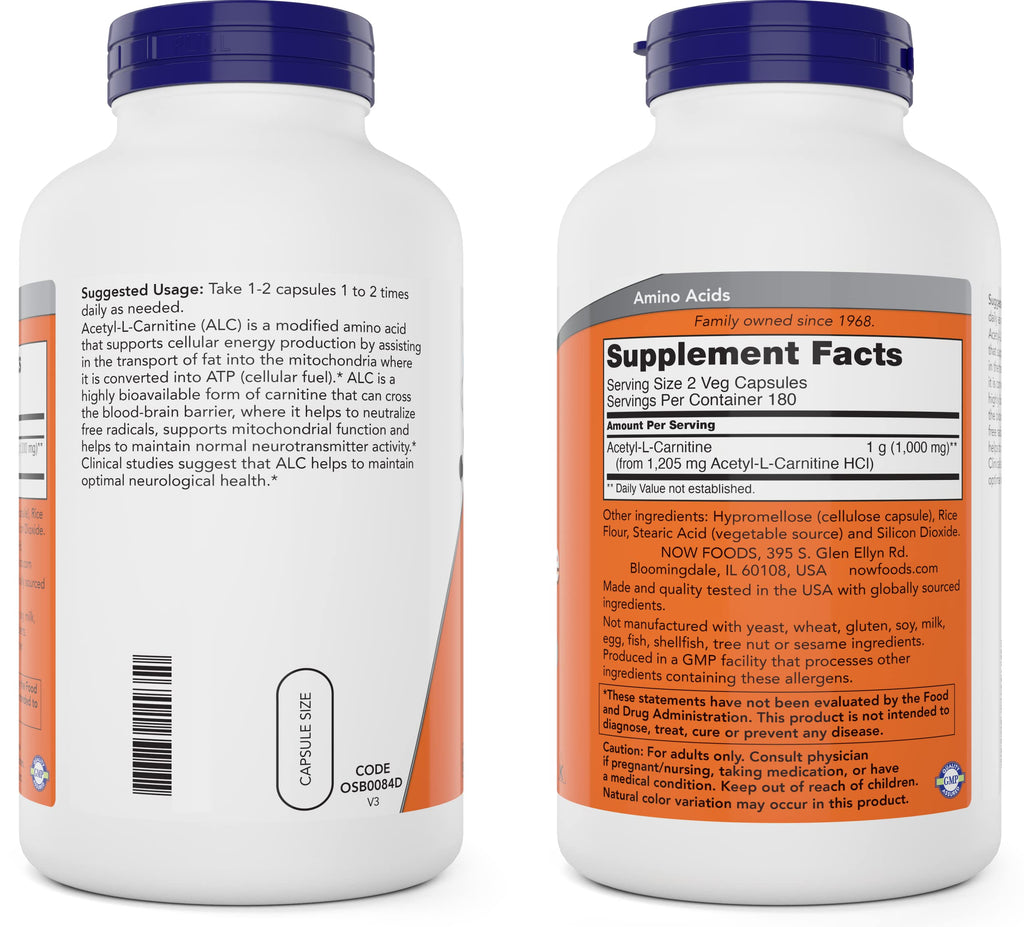 NOW Foods Now Acetyl L Carnitine 500mg, 360 Veg Capsules - Non-GMO ACL 500 mg Caps
