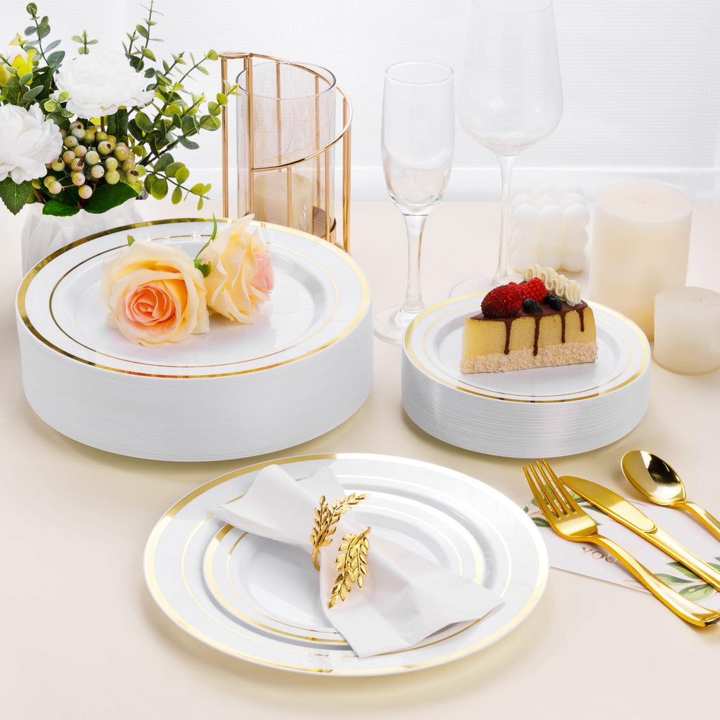BESTSTAR 100PCS White Plastic Plates for Party, 10.25 Inch Disposable Plates with Gold Rim, Heavy Duty Dinner Plates for Christmas, Thanksgiving, Party, Wedding and Birthday