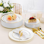 BESTSTAR 100PCS White Plastic Plates for Party, 10.25 Inch Disposable Plates with Gold Rim, Heavy Duty Dinner Plates for Christmas, Thanksgiving, Party, Wedding and Birthday