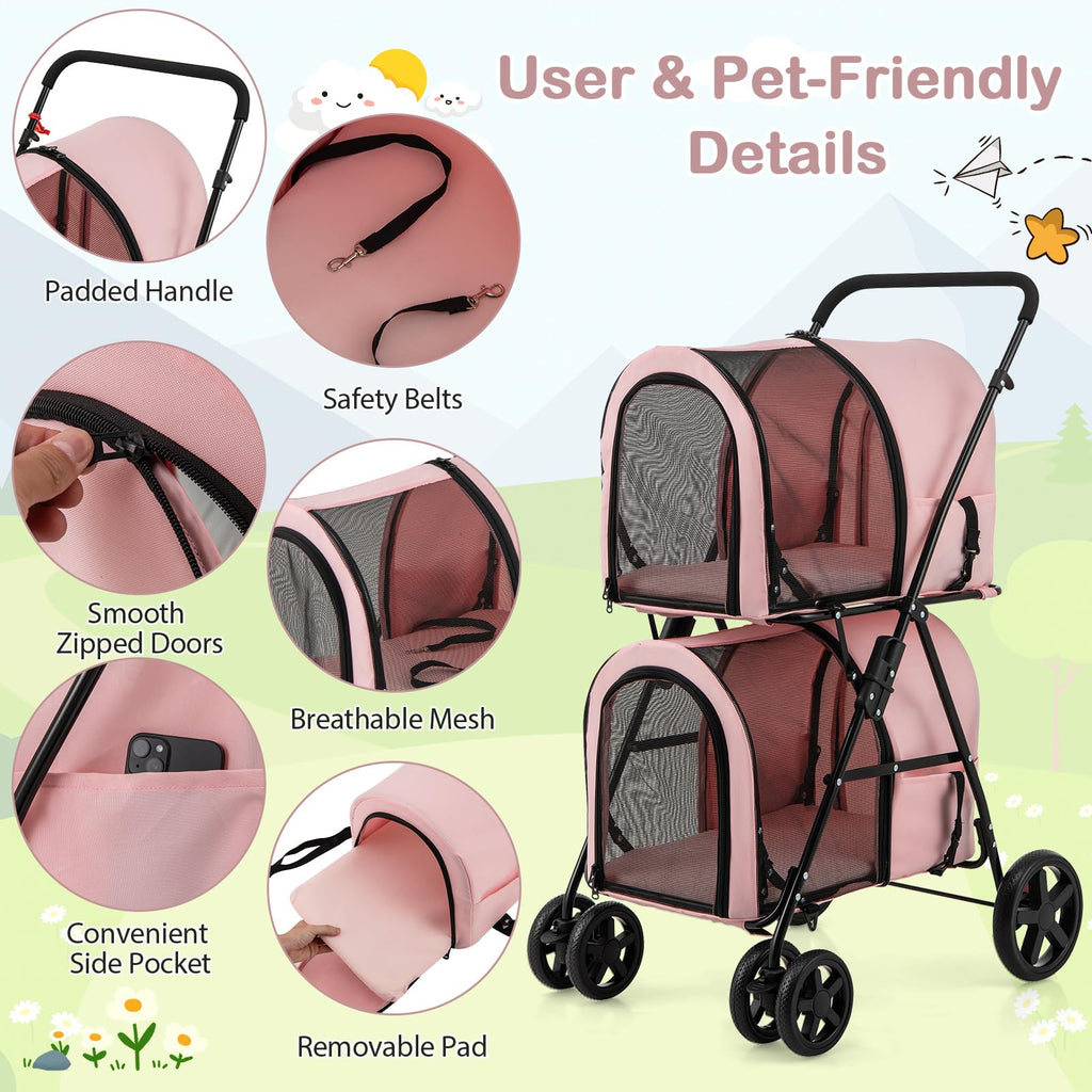 HAPPAWS Dog Stroller with 2 Detachable Carrier, Pet Stroller for Small Medium Dogs Cats, Jogger/Travel/Camping, 4-in-1 Doggy Pet Carrier, Carrier Strolling Cart with Lockable Wheels (Light Pink)