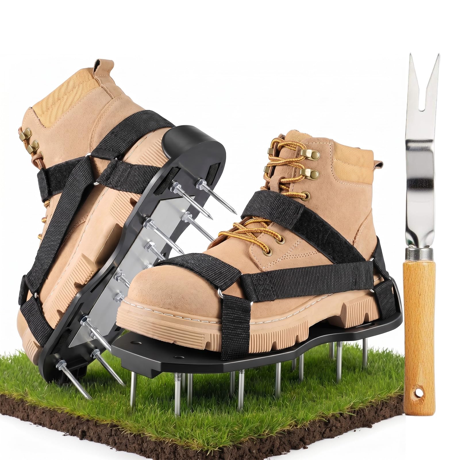 rosgel Lawn Aerator Shoes Pre-Assembled - 26 Heavy Duty Steel Spikes (2.4"), Stainless Steel Base Plate, Adjustable Metal Buckle Straps - Walk Behind Grass Aerator Sandals for Yard Lawn Care