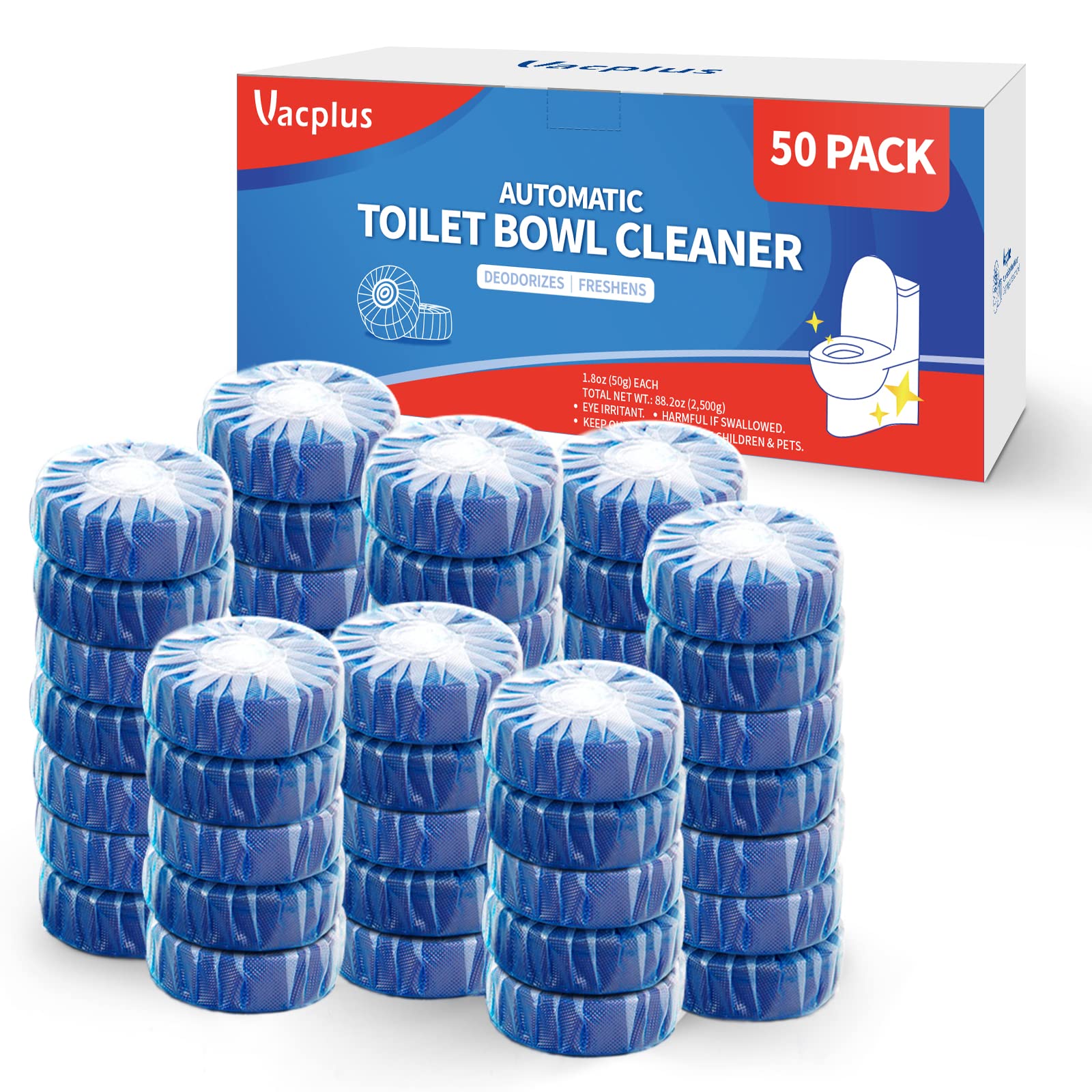 Vacplus Automatic Toilet Bowl Cleaner Tablets, Drop-In Tank Cleaner for Bathroom, Prevent Stains & Deodorize, Long-Lasting Cleaning Tabs, Easy-Use Freshener for Bowl & Tank, 50 Pack