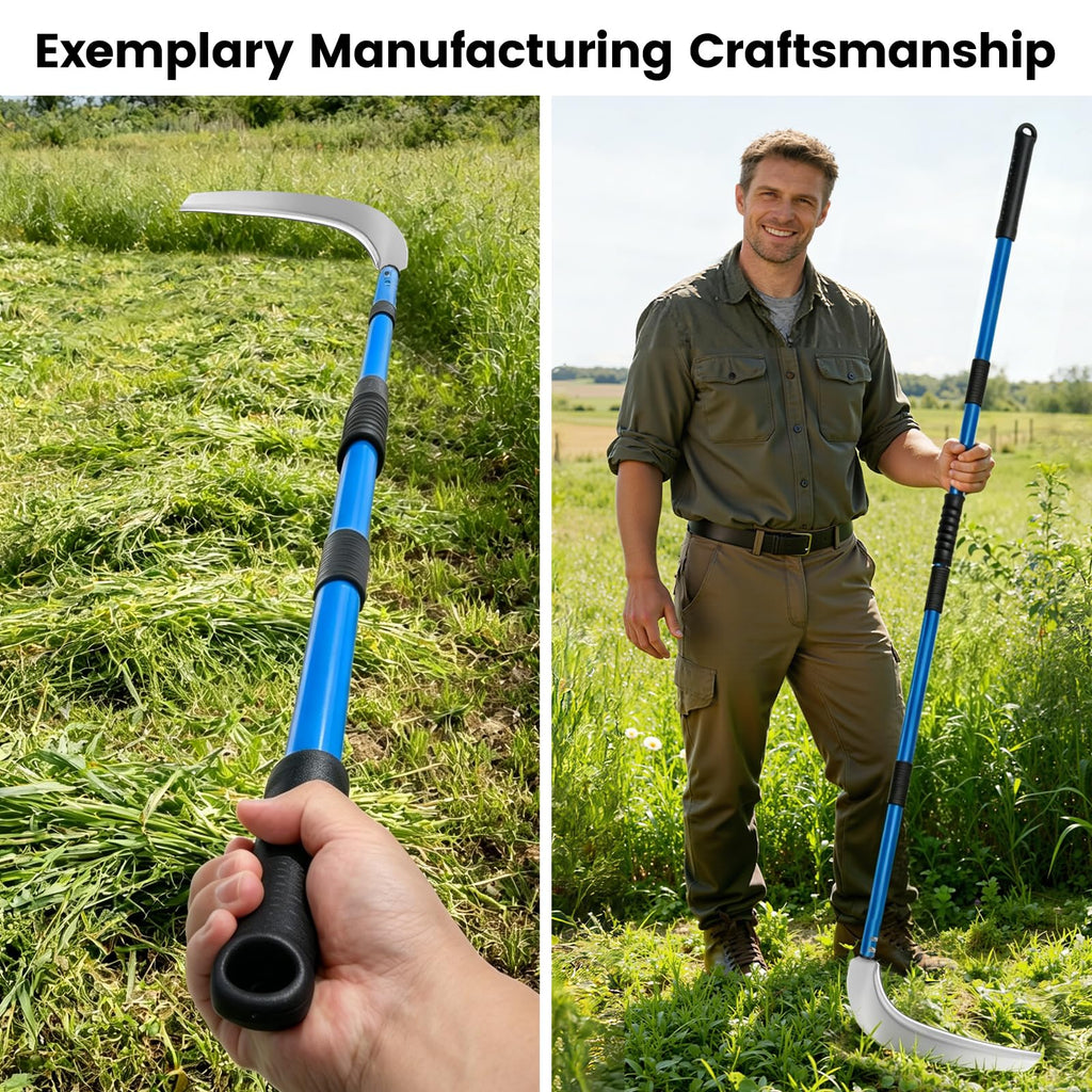 12.6'' Scythe Tool for Grass Cutting, 4 Stainless Steel Poles, Adjustable Dual-Hand Grip, Professional-Grade Blade, for Clearing Bushes, Vines, Fields, Ditches, Paths, Landscaping, Blue, 67in.
