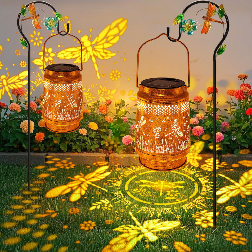 2 Pack Solar Lanterns Outdoor Waterproof Dragonfly Garden Decor, Birthday Gifts for Women Mom Grandma, Hanging Solar Lights Metal LED Decoration with Shepherd Hook Outside for Yard Patio Lawn Porch