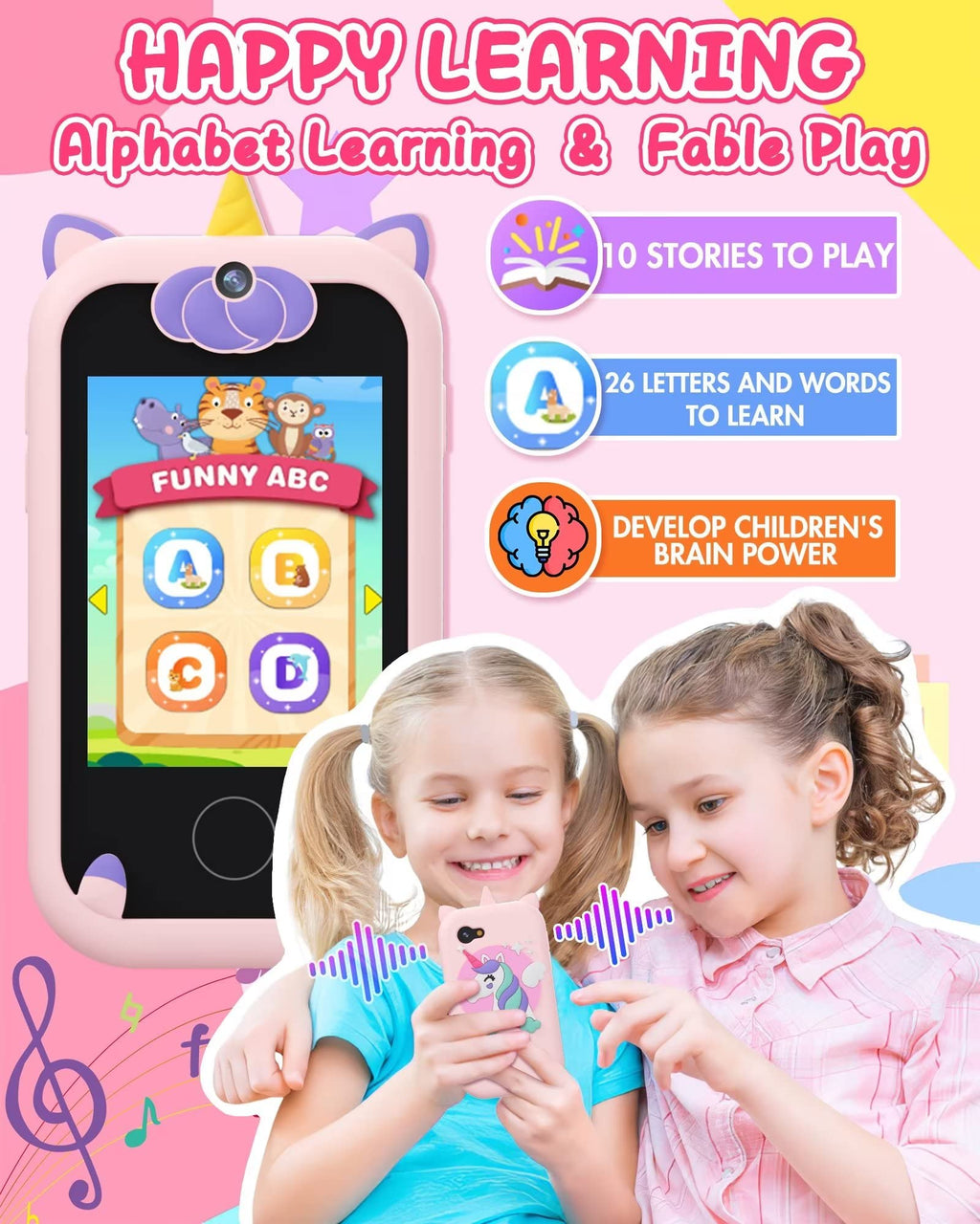 Joozfee Kids Smart Phone for Girls Unicorn Toys with 8G Memory Card,Pink