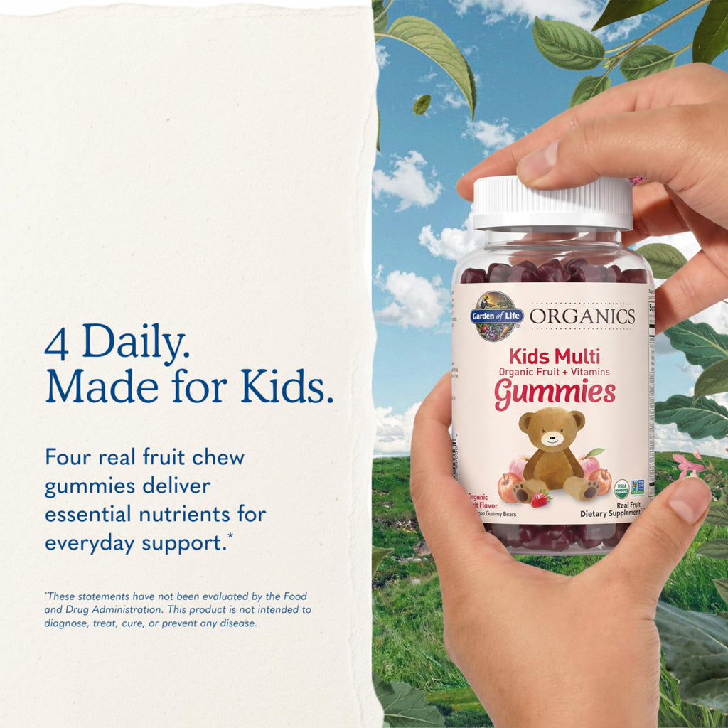 Garden of Life Organics Kids Gummy Vitamins - Fruit - Certified Organic, Non-GMO & Vegan Complete Children's Multi - B12, C & D3 - Gluten, Soy & Dairy Free, 120 Real Fruit Chew Gummies
