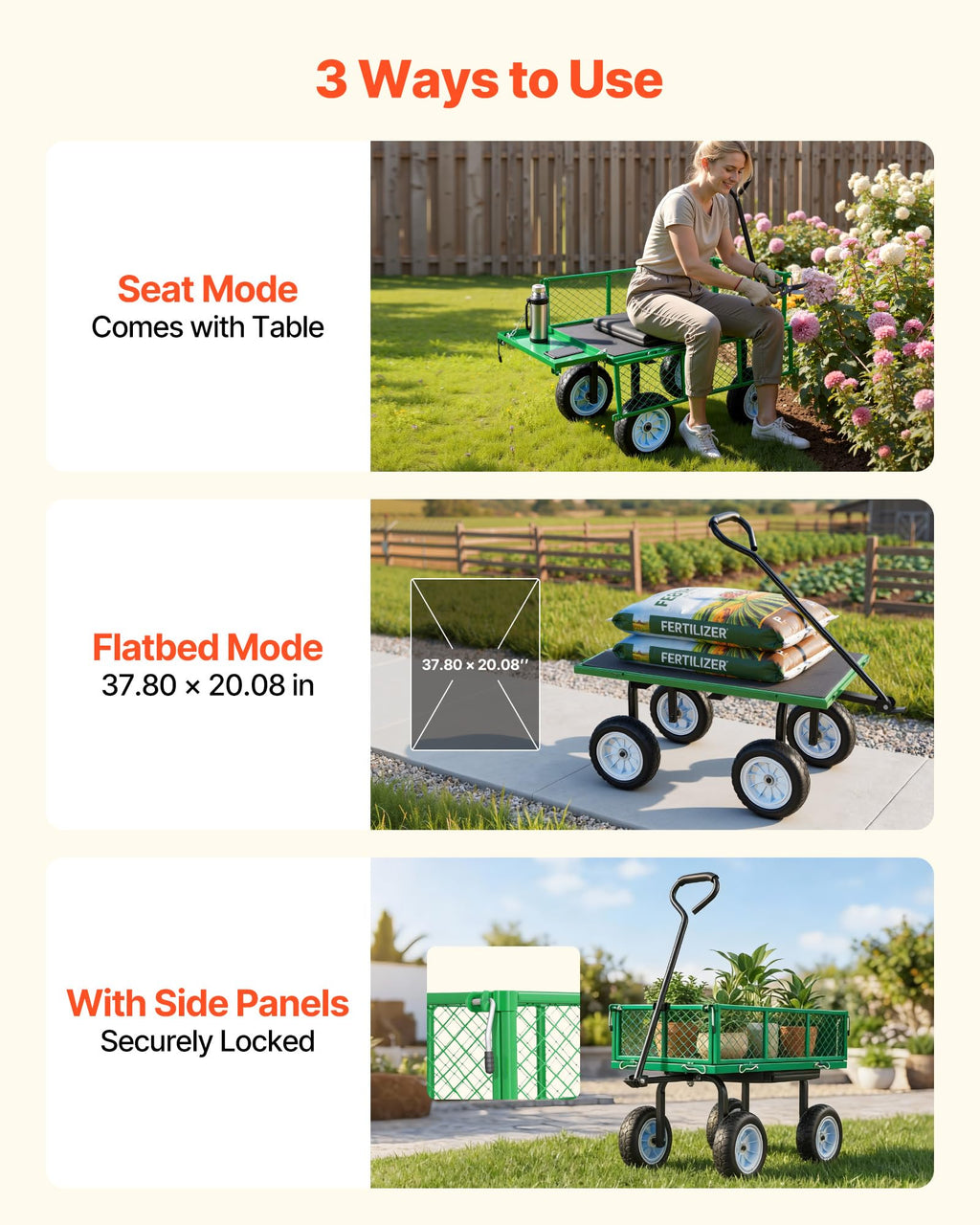 VEVOR 500 LBS Steel Garden Cart with Work Seat, Heavy Duty Garden Wagon Cart on Wheels, Outdoor Metal Utility Yard Wagon Gardening Stool with 10inch Flat Free Tires & Adjustable Handle, Green